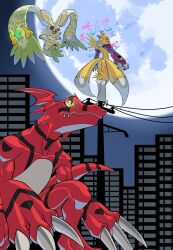 body_fur building digimon digimon_(creature) digimon_tamers dragon full_moon gem green_fur group_picture guilmon guilmon_x-antibody highres horns kitsune laser_(akirawai) moon night on_top_of_pole red_scales renamon renamon_x-antibody single_horn skyscraper standing terriermon terriermon_x yellow_fur