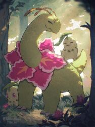 Rule 34 | arc draws, chikorita, claws, closed eyes, closed mouth, commentary, day, evolutionary line, flower, forest, gen 2 pokemon, grass, highres, meganium, nature, nintendo, no humans, outdoors, pink flower, pokemon, pokemon (creature), red eyes, standing, twitter username
