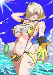 1977_oj3 1girl absurdres ahoge blonde_hair blush breasts clothing_cutout day elegg_(boom_and_shock)_(nikke) elegg_(nikke) fang gloves goddess_of_victory:_nikke hair_intakes hair_over_eyes heart_cutout highres large_breasts leg_tattoo long_bangs looking_at_viewer multicolored_gloves multicolored_hair navel open_mouth outdoors purple_eyes rabbit_ornament see-through_slingshot_swimsuit short_hair skindentation slingshot_swimsuit smile solo standing swimsuit tattoo thigh_strap thighs two-sided_gloves two-tone_hair underboob water yellow_slingshot_swimsuit