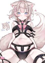 1girl 2girls absurdres anger_vein animal_ears bikini black_bikini blonde_hair blue_eyes breasts chibi dog_ears dog_girl dog_tail fuwawa_abyssgard gluteal_fold hair_ornament heart highres hololive hololive_english mococo_abyssgard multiple_girls one_side_up pink_streaks rosheil siblings simple_background sisters small_breasts solo spread_legs swimsuit tail twins virtual_youtuber white_background x_hair_ornament