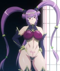 1girl breasts covered_erect_nipples curvy female_focus hair_ornament hand_on_own_hip heart heart_tattoo journey_to_the_west large_breasts lips long_hair long_twintails looking_to_the_side pointy_ears pubic_tattoo purple_hair queen&#039;s_blade queen&#039;s_blade_grimoire revealing_clothes screencap seiten_(queen&#039;s_blade) shiny_skin smile solo standing sun_wukong tattoo third-party_edit thong tiara twintails upper_body very_long_hair
