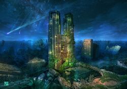abandoned absurdres cloud comet commentary_request dilapidated flood highres horizon night night_sky no_humans ocean original outdoors overgrown post-apocalypse road ruins scenery sky star_(sky) starry_sky tokyo_(city) tokyo_city_hall tokyo_metropolitan_government_building tokyogenso water window