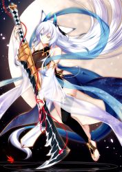 Rule 34 | 1girl, animal ears, bare shoulders, barefoot, black thighhighs, breasts, bridal gauntlets, cleavage, detached sleeves, facing viewer, female focus, fox ears, full body, full moon, halterneck, hashitsuki nata, hatchet, heterochromia, horns, jewelry, konshin, large breasts, long hair, moon, nata (tool), night, orie hakua, pixiv fantasia, pixiv fantasia last saga, ripples, see-through clothes, single thighhigh, solo, standing, tail, thighhighs, toe ring, white hair