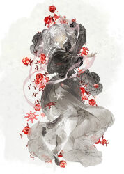 Rule 34 | 1girl, black kimono, closed eyes, dancing, full body, grey hair, hair between eyes, highres, illumi999, japanese clothes, kimono, long hair, long sleeves, original, sidelocks, simple background, smile, solo, standing, traditional clothes, twintails, wide sleeves