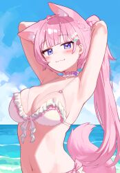 1girl absurdres animal_ear_fluff animal_ears armpits arms_up beach blue_sky breasts choker cleavage cloud day hair_ornament hairclip high_ponytail highres hololive large_breasts navel ocean outdoors pink_hair ponytail purple_eyes sky solo stomach swimsuit tail verdey virtual_youtuber wolf_ears wolf_tail