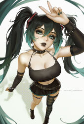 1girl bare_shoulders black_hair black_lips black_shirt bootybear breasts cleavage collar collarbone from_above goth_fashion grey_eyes grey_hair hatsune_miku highres large_breasts long_sleeves multicolored_hair navel_piercing piercing shirt shoes single_thighhigh solo spiked_collar spikes striped_clothes striped_thighhighs teeth thighhighs two-tone_hair vocaloid