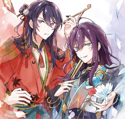 Rule 34 | 2boys, aqua nails, ayase mayoi, bead bracelet, beads, black choker, black nails, black sash, blue sash, bracelet, cape, choker, cigarette holder, collarbone, crescent, earrings, ensemble stars!, eyeshadow, flower, flower hairpin, gold bracelet, gold earrings, gold ring, green eyes, hair between eyes, hair bun, hair down, hair intakes, hair ornament, half updo, halterneck, hanafuda, hand on own hip, highres, holding, japanese clothes, jewelry, kanzaki souma, kanzashi, kimono, leaf print, long hair, lotus, makeup, male focus, maple leaf print, mole, mole under mouth, multiple boys, neck tassel, official alternate costume, parted lips, pectoral cleavage, pectorals, purple eyes, purple hair, raised eyebrows, red eyeshadow, red kimono, sash, seigaiha, sidelocks, tassel, tassel hair ornament, user vafc2547, v-shaped eyebrows, wide sleeves