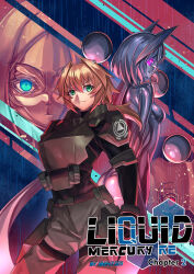 3girls absurdres android armor blonde_hair blue_eyes breastplate breasts colored_skin dark_persona english_text glowing glowing_eyes green_eyes grey_hair grey_skin hair_intakes highres ibenz009 long_hair looking_at_viewer low_ponytail medium_breasts mercury_(element) metal_skin monster_girl multiple_girls original ponytail purple_eyes shiny_skin silver_skin slime_girl very_long_hair