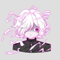 1boy closed_mouth fire frown grey_background hair_over_one_eye highres looking_at_viewer male_focus messy_hair pink_eyes pink_fire shion_(hundred_line) solo solo_focus the_hundred_line_-last_defense_academy- upper_body white_hair