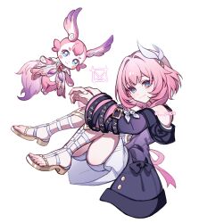 Rule 34 | 1girl, absurdres, blue eyes, coat, cyrene (honkai: star rail), dress, fetal position, hair ornament, highres, honkai: star rail, honkai (series), looking at viewer, mem (honkai: star rail), multicolored hair, pink fur, pink hair, pink pupils, purple coat, sandals, shorts, shorts under dress, sikaku, simple background, smile, star-shaped pupils, star (symbol), symbol-shaped pupils, tail, toes, two-tone hair, white background, white dress, white hair, white shorts