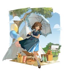 Rule 34 | 1girl, :d, absurdres, balloon, bird, black shoes, blue bow, blue bowtie, blue dress, blue sailor collar, blue sky, bow, bowtie, bread, brown hair, chair, cloud, day, dress, eagle (reverse:1999), eagle (weekend excursion) (reverse:1999), flower, folding chair, food, full body, gloves, grass, green eyes, hand up, highres, holding, holding umbrella, looking at viewer, mary janes, multicolored dress, official alternate costume, open mouth, outdoors, picnic basket, picnic blanket, reverse:1999, sailor collar, sailor dress, shoes, short hair, short sleeves, sky, smile, socks, solo, standing, standing on one leg, teeth, tent, tree, umbrella, umbrella over shoulder, upper teeth only, white gloves, white socks, xiaoniaoyou qing, yellow flower