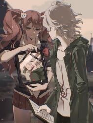 Rule 34 | 1boy, 1girl, blonde hair, blue eyes, bow, chouti ttt, cowboy shot, danganronpa: trigger happy havoc, danganronpa (series), danganronpa 2: goodbye despair, enoshima junko, green jacket, highres, holding, iei, jacket, komaeda nagito, long sleeves, looking at another, miniskirt, open clothes, open jacket, outdoors, pleated skirt, print shirt, red bow, red nails, red skirt, shirt, skirt, smile, twintails, white shirt