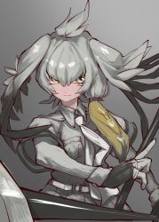 1girl absurdres belt black_gloves black_hair blonde_hair breast_pocket closed_mouth collared_shirt dual_wielding female_focus fighting_stance floating_hair gloves green_eyes grey_hair grey_necktie grey_shirt grey_shorts hair_between_eyes highres holding holding_polearm holding_spear holding_weapon kemono_friends layered_sleeves long_hair long_sleeves looking_at_viewer multicolored_hair necktie notora pocket polearm shirt shoebill_(kemono_friends) short_over_long_sleeves short_sleeves shorts sidelocks solo spear upper_body weapon wing_collar