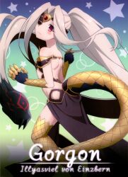 Rule 34 | absurdres, alternate costume, backless outfit, blonde hair, clear file (medium), eyepatch, fate/kaleid liner prisma illya, fate (series), groin, highres, illyasviel von einzbern, illyasviel von einzbern (rider install) (berserker inheritance), lizard tail, non-web source, official art, petite, scales, scan, scan artifacts, skirt cutout, tail