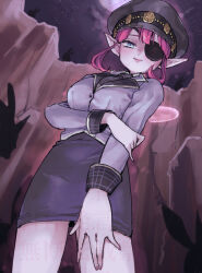 1girl aqua_eyes blue_skirt blunt_bangs breasts colored_skin commentary_request cowboy_shot dragon_quest dragon_quest_x elf_(dq10) eyepatch fairy_wings from_below grey_hat grey_jacket grey_necktie hand_on_own_arm hand_on_own_thigh hat jacket large_breasts looking_at_viewer looking_down merami moon necktie night night_sky outdoors pencil_skirt pink_hair pink_skin plaid_clothes plaid_necktie pointy_ears silhouette skirt sky smile solo star_(sky) wings