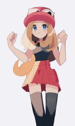 1girl :&lt; black_shirt black_thighhighs blonde_hair blue_eyes clenched_hands closed_mouth eyelashes eyewear_on_headwear hat highres long_hair looking_up nintendo piyo_(toripoke710) pleated_skirt pokemon pokemon_xy red_hat red_skirt serena_(pokemon) shirt skirt sleeveless sleeveless_shirt solo sunglasses thighhighs white_background