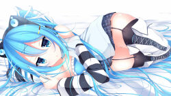 1girl animal_ear_headphones animal_ears bare_shoulders black_garter_straps black_thighhighs blue_eyes blue_hair breasts cat_ear_headphones cleavage clothing_request detached_sleeves fake_animal_ears garter_straps hair_ornament headphones highres holding holding_pen large_breasts looking_at_viewer lying o_o on_bed on_side original pen pleated_shorts skindentation solo thick_thighs thighhighs thighs x_hair_ornament yoaferia