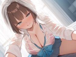 1girl :p bed bed_sheet bedroom blue_eyes blue_skirt blush bra breasts bridal_veil brown_hair cleavage closed_mouth collarbone collared_shirt curtains highres indoors large_breasts long_sleeves looking_at_viewer nijihashi_sora open_clothes open_shirt original pink_bra pleated_skirt school_uniform shirt short_hair sidelocks sitting skirt smile solo sweat tongue tongue_out underwear veil wet wet_clothes white_shirt window