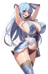 1girl :d absurdres akihiro0920 armor armpits arms_up bikini bikini_armor blue_bikini blue_hair blue_sky blunt_bangs blush breasts commentary_request highres large_breasts long_hair navel open_mouth original purple_eyes sideboob sidelocks simple_background sky smile solo standing swimsuit warrior white_background