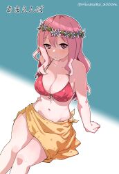 1girl artist_name bikini breasts head_wreath highres long_hair medium_breasts minasoko_3000m mizuki_(summer_memories) navel pink_hair red_bikini red_eyes sitting solo summer_memories swimsuit