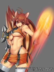 1girl animal_ears antenna_hair armpits bare_shoulders black_gloves black_panties black_thighhighs blazblue blush breasts brown_hair chestnut_mouth cowboy_shot curvy dual_wielding female_focus fingerless_gloves gloves glowing gluteal_fold highleg highleg_panties holding large_breasts looking_at_viewer makoto_nanaya microskirt midriff motion_blur multicolored_hair navel obui orange_eyes orange_skirt panties punching revealing_clothes short_hair skirt sleeveless solo squirrel_ears squirrel_tail tail thighhighs tonfa two-tone_hair underboob underwear uppercut weapon wide_hips