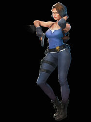 1girl beretta_92 black_background black_gloves blood blood_on_face blood_on_shoulder blue_eyes blue_pants boots brown_hair eldar_velikhanov fingerless_gloves gloves gun hand_in_own_hair handgun highres holding holding_gun holding_weapon jill_valentine pants police_badge resident_evil resident_evil_3:_nemesis resident_evil_3_(remake) short_hair simple_background trigger_discipline weapon