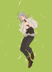 1girl 1other blush boots brown_footwear creature dragon dungeon_meshi falin_touden feathers flower grass grey_hair highres holding holding_creature kuma20151225 looking_at_viewer parted_lips red_dragon_(dungeon_meshi) short_hair smile spoilers white_feathers
