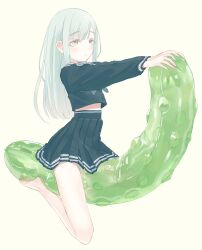 1girl bang_dream! bang_dream!_it&#039;s_mygo!!!!! bare_legs barefoot blush closed_mouth colored_eyelashes commentary crotch_rub cucumber expressionless female_masturbation full_body green_hair green_shirt grey_neckerchief high-waist_skirt highres inflatable_toy long_hair long_sleeves looking_ahead looking_up masturbation midriff_peek miniskirt mirukai_(user_azju4235) neckerchief outstretched_arms oversized_object phallic_symbol pleated_skirt sailor_collar sailor_shirt school_uniform sex_toy shirt sidelocks simple_background skirt soles solo straddling straight_hair swept_bangs toes transparent tsukinomori_school_uniform upturned_eyes variant_set wakaba_mutsumi white_sailor_collar winter_uniform yellow_background yellow_eyes