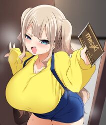 1girl bebebe_(pepegakii) blonde_hair blue_eyes blush breasts chocolate denim denim_skirt embarrassed food gift happy_valentine highres holding holding_gift huge_breasts incoming_gift kousaka_airi_(bebebe) looking_at_viewer mesugaki oppai_loli original overall_skirt shirt skirt solo suspender_skirt suspenders twintails valentine yellow_shirt
