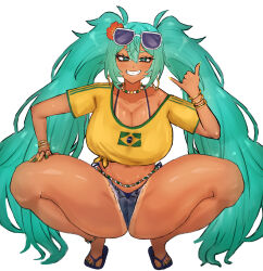 1girl adeshi_(adeshi0693119) aqua_eyes aqua_hair brazilian_miku breasts cleavage curvy dark-skinned_female dark_skin earrings feet fingernails full_body hatsune_miku huge_breasts jewelry large_breasts long_hair nails navel sandals shaka_sign sharp_fingernails shorts smile solo squatting teeth thick_thighs thighs twintails vocaloid