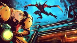 1girl blonde_hair commentary cosplay english_commentary green_eyes jd_benefield metroid metroid_prime metroid_prime_1 nintendo one_side_up orange_hair pengin_pina penguin_girl power_suit_(metroid) prism_project samus_aran samus_aran_(cosplay) solo_focus space_pirate_(metroid) varia_suit virtual_youtuber