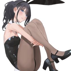 1girl absurdres animal_ears bare_shoulders black_hair black_leotard black_pantyhose blush breasts closed_mouth collarbone detached_collar fake_animal_ears high_heels highres idolmaster idolmaster_shiny_colors kazano_hiori leotard long_hair looking_at_viewer mole mole_under_mouth pantyhose playboy_bunny ponytail rabbit_ears simple_background solo strapless strapless_leotard umirororo white_background