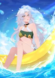 1girl absurdres azumishard banana_innertube bikini bird blue_sky breasts cloud eiyuu_densetsu fie_claussell green_eyes hair_between_eyes hajimari_no_kiseki highres innertube light_rays long_hair ocean outdoors parted_bangs sen_no_kiseki sen_no_kiseki_(series) sen_no_kiseki_iv sideburns sitting sky small_breasts smile solo sunbeam sunlight swim_ring swimsuit wavy_hair white_hair
