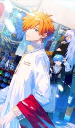 3boys age_difference arm_up beard black_jacket black_robe blue_eyes blue_hair celeb_summer_experience! closed_mouth commentary_request day dutch_angle facial_hair fate/grand_order fate_(series) green_eyes hair_over_one_eye hans_christian_andersen_(fate) height_difference high_collar indian_clothes jacket long_hair long_sleeves looking_at_viewer male_focus market multiple_boys mustache official_alternate_costume official_art one_eye_covered orange_hair outdoors parted_lips red_eyes robe robin_hood_(fate) shading_eyes short_hair smile solo_focus sun sunlight tassel teeth third-party_source upper_body vlad_iii_(fate/extra) white_facial_hair white_hair white_robe yuuichi_(bobobo)