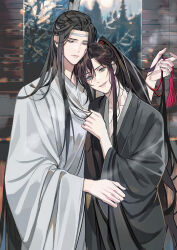 2boys bishounen black_hair black_hanfu chinese_clothes closed_mouth clothes_grab couple gearous grey_eyes hair_ornament hair_ribbon hanfu headband height_difference high_ponytail highres holding holding_another&#039;s_hair indoors lan_wangji long_hair long_sleeves looking_at_viewer male_focus modao_zushi multiple_boys non-web_source official_art parted_lips ponytail red_ribbon ribbon robe sidelocks smile standing tassel tassel_hair_ornament topknot very_long_hair wei_wuxian white_hanfu white_headband wide_sleeves window window_blinds xiao_guan_(headdress) yaoi yellow_eyes