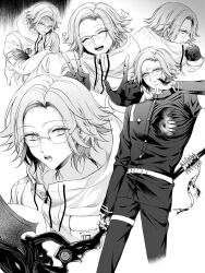 1boy aotsuki_eito armband blood blood_on_face blood_on_hands crossed_arms drawstring glasses gloves greyscale hashtag-only_commentary highres holding holding_scythe hood hooded_jacket jacket last_defense_academy_school_uniform male_focus mizunana_(mizuasagi) monochrome multiple_views pants school_uniform scythe short_hair smile sparkle sweat teeth the_hundred_line_-last_defense_academy- thigh_strap v w