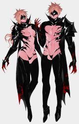 Rule 34 | 1boy, 1girl, abs, alina99liang, alternate hairstyle, armor, black armor, black gloves, black panties, blonde hair, blood, blood on clothes, blood on gloves, boots, breasts, clawed gauntlets, cloud strife, cloud strife (bahamut garb), covered eyes, eye mask, final fantasy, final fantasy vii, final fantasy vii ever crisis, genderswap, genderswap (mtf), gloves, high heel boots, high heels, highres, long hair, navel, nipples, panties, pectorals, popped collar, short hair, shoulder armor, single shoulder pad, spiked hair, standing, toned, toned male, underwear