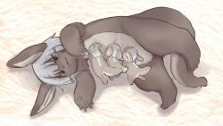 1girl 3others :3 animal_ears breastfeeding brown_fur brown_rabbit commentary_request full_body grey_hair highres lying made_in_abyss multiple_others nanachi_(made_in_abyss) nude on_side rabbit_ears rabbit_girl shoebill0318 short_hair whiskers