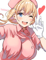 1girl ;d belko blonde_hair blue_eyes blush breasts collared_dress commentary_request dress gloves hat heart highres large_breasts low_twintails nurse_cap one_eye_closed open_mouth original pink_dress simple_background smile solo teeth tongue twintails upper_teeth_only waving white_background white_gloves