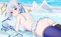 1girl alternate_costume amane_kanata angel_wings ass asymmetrical_legwear bikini bikini_skirt black_choker black_thighhighs blue_hair blue_thighhighs blue_wings blush choker closed_mouth colored_inner_hair commentary_request feathered_wings flat_chest gradient_wings grey_hair halo highres hololive hugging_object long_hair looking_at_viewer lying median_furrow mismatched_legwear multicolored_hair multicolored_wings on_stomach pillow pillow_hug pink_hair pool single_hair_intake smile solo star_halo streaked_hair swimsuit thighhighs tile_floor tiles tojo_aoi two_side_up uneven_legwear virtual_youtuber white_bikini white_wings wings