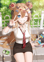 1girl absurdres arm_support bag black_bag black_ribbon black_skirt blue_bow blue_eyes blurry blurry_background book bottle bow breasts brown_hair bush button_hair_ornament cellphone cleavage collar collarbone collared_shirt commentary concrete cowboy_shot cross day depth_of_field diagonal-striped_clothes diagonal-striped_necktie double-parted_bangs double_bun eyelashes fence fingernails flip_phone flower grey_scrunchie grin hair_between_eyes hair_bow hair_bun hair_intakes hair_ornament hair_ribbon hair_spread_out hairclip hand_up handheld_game_console heart heart_hair_ornament highres holding holding_bag large_breasts long_bangs long_hair long_sleeves looking_at_viewer mergerri metal_collar miniskirt nail_hair_ornament necktie notebook one_eye_closed open_bag original outdoors partially_unbuttoned pencil_skirt phone polka_dot polka_dot_scrunchie red_bow red_necktie ribbon scrunchie shadow shirt skirt skull_hair_ornament sleeves_rolled_up smile solo star_(symbol) star_hair_ornament striped_clothes taut_clothes taut_shirt taut_skirt too_many_hair_ornaments two_side_up v v_over_eye very_long_hair white_flower white_shirt wing_hair_ornament wrist_scrunchie x_hair_ornament x_x yellow_background