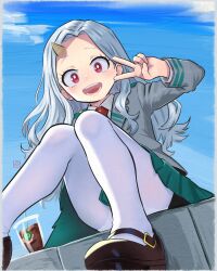 1girl absurdres blazer blue_sky blush boku_no_hero_academia brown_shoes coffee commentary cone_horns cup disposable_cup elementary_(lolipope) eri_(boku_no_hero_academia) forehead green_skirt grey_hair grey_jacket highres horns jacket knees_together_feet_apart long_hair long_sleeves mary_janes outdoors panties panties_under_pantyhose pantyhose school_uniform shoes single_horn sitting skirt sky smile solo u.a._school_uniform underwear upskirt v white_panties white_pantyhose