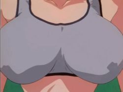 1990s_(style) 1girl animated animated_gif bouncing_breasts bra breasts burn-up burn-up_excess covered_erect_nipples female_focus head_out_of_frame jinguu_maya large_breasts retro_artstyle solo sports_bra underwear