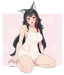 1girl animal_ear_fluff animal_ears bare_shoulders black_hair blush breasts colored_inner_hair full_body gradient_hair hair_between_eyes hair_ornament highres hololive hololive_gamers kouhaku_nawa large_breasts long_hair looking_at_viewer multicolored_hair nekhbet_01 ookami_mio open_mouth red_hair rope shimenawa simple_background solo streaked_hair thighs two-tone_hair virtual_youtuber white_background wolf_ears wolf_girl