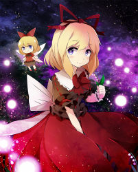 2girls :o bad_id bad_pixiv_id blonde_hair blue_eyes blush breasts brown_shirt bubble_skirt cowboy_shot doll flower frilled_shirt_collar frilled_wrist_cuffs frills fujiko_(emnprmn) huge_bow light_particles lily_of_the_valley medicine_melancholy medium_breasts multiple_girls night night_sky phantasmagoria_of_flower_view poison red_ribbon ribbon shirt short_hair size_difference skirt sky smile su-san touhou white_ribbon wrist_cuffs