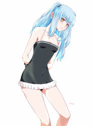 1girl ao_no_kiseki arm_behind_back artist_name bare_shoulders blue_hair breasts covered_navel dress eiyuu_densetsu hair_between_eyes long_hair looking_at_viewer sidelocks simple_background sleeveless sleeveless_dress small_breasts solo strapless strapless_dress tio_plato tube_dress twintails white_background xiacheng_tatsuya yellow_eyes zero_no_kiseki