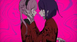 black_blood blood blood_on_clothes blood_on_face blood_on_hands blood_splatter blush brother_and_sister closed_mouth long_sleeves looking_at_another pink_background pink_eyes pink_hair purple_background purple_hair siblings simple_background the_hundred_line_-last_defense_academy- tsukumo_ima tsukumo_kako twins upper_body