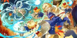 &gt;_&lt; 3girls aerial_battle alice_margatroid aqua_dress autumn_leaves battle blonde_hair blue_dress blue_eyes blue_hair blurry bobby_socks book boots bow brown_boots cabbie_hat capelet commentary danmaku depth_of_field doll dress english_commentary floating frilled_capelet frilled_hairband frills game_cg hagoromo hair_bow hair_ornament hair_rings hair_stick hairband hat highres holding holding_book hourai_doll jiangshi kaku_seiga kaworu_(kaw_lov) lance leaf leg_ribbon lolita_hairband looking_at_another miyako_yoshika multiple_girls official_art ofuda open_book open_clothes open_mouth open_vest pale_skin polearm red_bow ribbon serious shanghai_doll shawl shield shoes smile socks staff string sword third-party_source touhou touhou_lostword vest weapon white_capelet white_vest worried