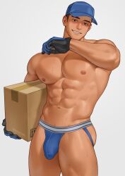 1boy abs artist_name bara baseball_cap black_gloves blue_gloves blue_hat blue_male_underwear blush box broad_shoulders bulge cowboy_shot delivery gloves grin hat highres holding holding_box jockstrap large_pectorals looking_at_viewer male_focus male_underwear muscular muscular_male nipples original package pectorals simple_background smile solo topless_male uhai underwear wet white_background