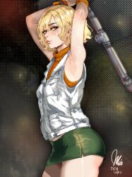1girl blonde_hair freckles green_eyes heather_mason highres industrial_pipe joshgrilli silent_hill_(series) silent_hill_3 skirt sleeveless sleeveless_sweater sweater turtleneck turtleneck_sweater vest